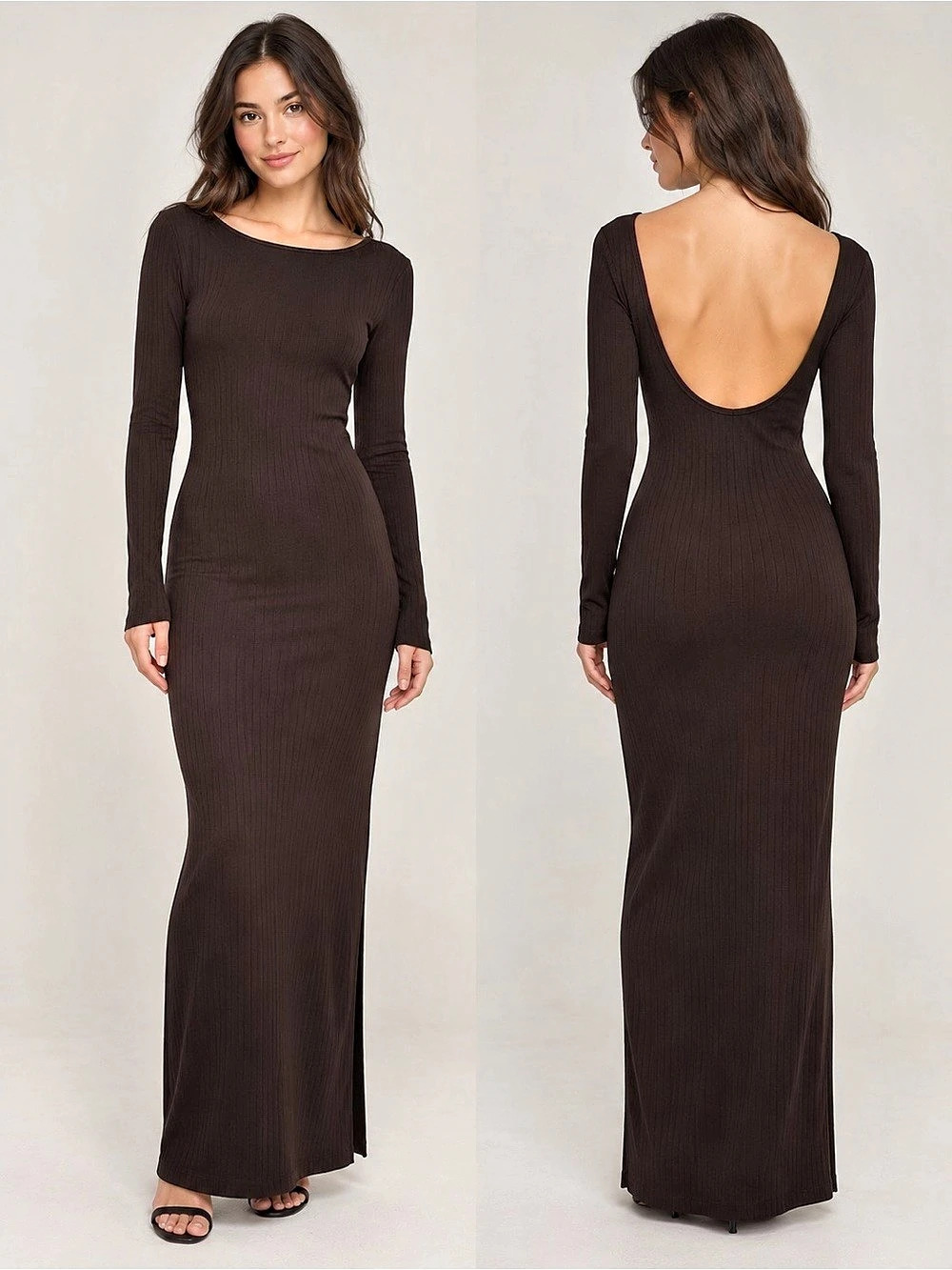 H&M Black Ribbed Long Sleeve Open Back Maxi Dress Size Small